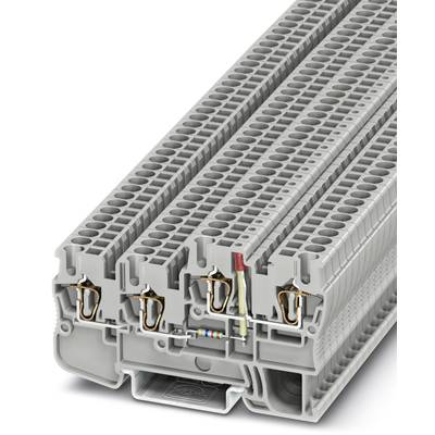 Grey, modular multi-point terminal strip system with integrated metallic connections for current transmission.