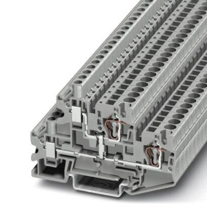 Grey terminal block with multiple contacts, suitable for use in control panels and electrical distribution cabinets.
