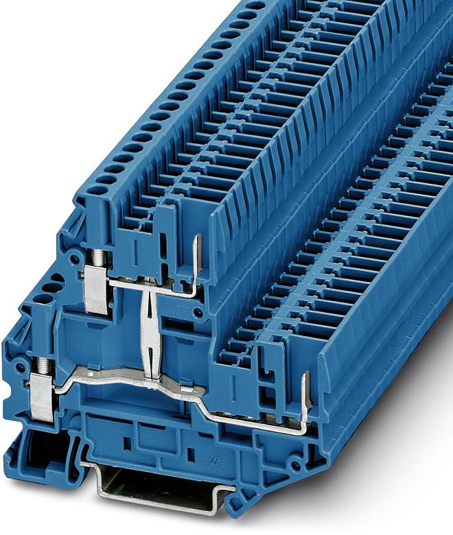 Blue plastic terminal block with multiple connections, suitable for mounting on DIN rails in electrical control cabinets.