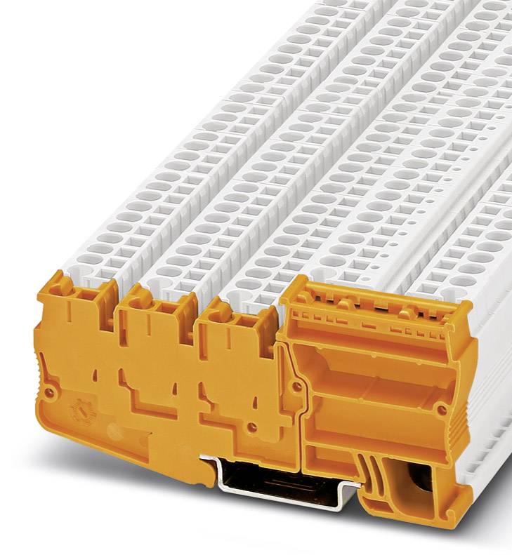 Terminal block with multiple rows, white with orange covers. Used for connecting electrical wires in control cabinets.
