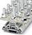 Multi-storey terminal blocks with multiple screws and nuts on a grey plastic base, used for electrical connections.