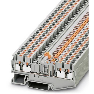 'Electrical terminal blocks, grey housing with orange levers, showing internal wiring and connection rows.'
