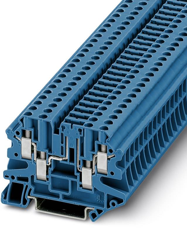 Image of a blue electrical terminal block with multiple connection points. Used in electrical control cabinets for wiring.