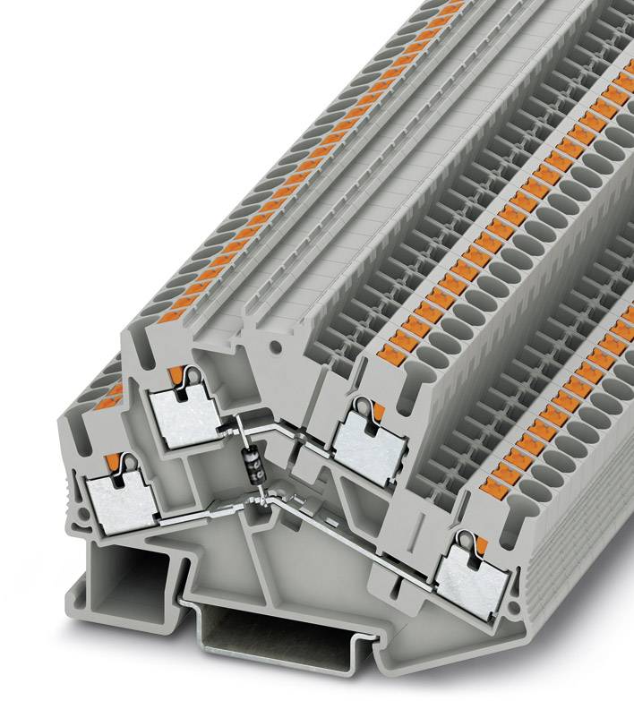 Multi-storey terminal block with a grey housing and orange transition points for electrical connections, placed on a white surface.