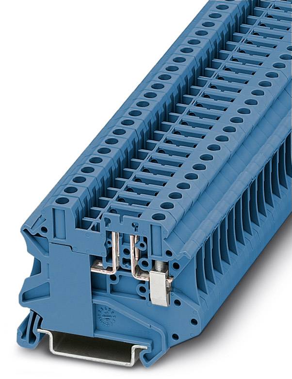 A blue electrical terminal block with multiple connection points, used for secure wiring in control cabinet applications.