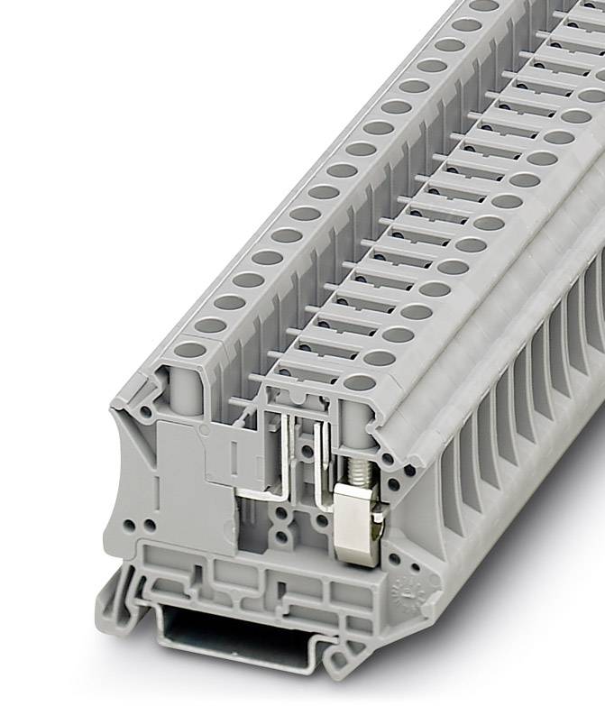 Grey plastic terminal block with screw fixing, suitable for the secure mounting of electrical conductors in control cabinets.