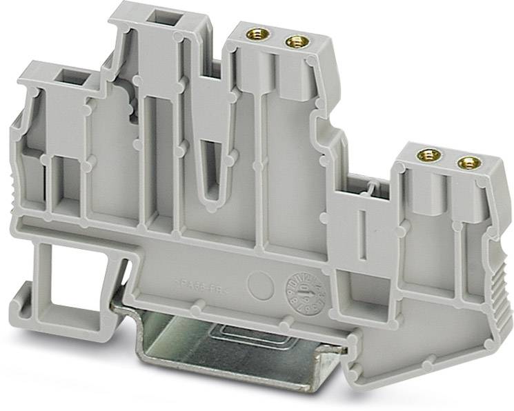 Grey plastic terminal block with metal mounting, used for electrical connections on DIN rails in control panels.