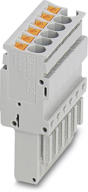 Grey electrical connector block with multiple openings and orange locking elements, suitable for cable installation.
