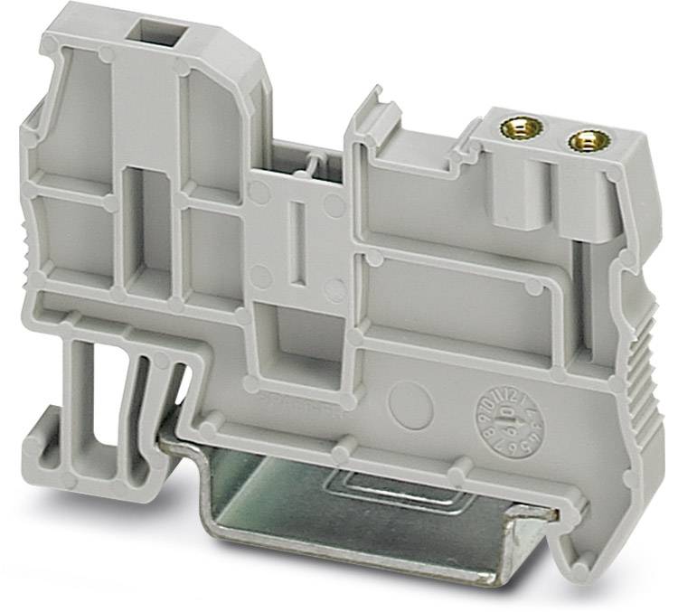 Grey, plastic-coloured cable connector with two screw terminals on the top surface and a metal base.