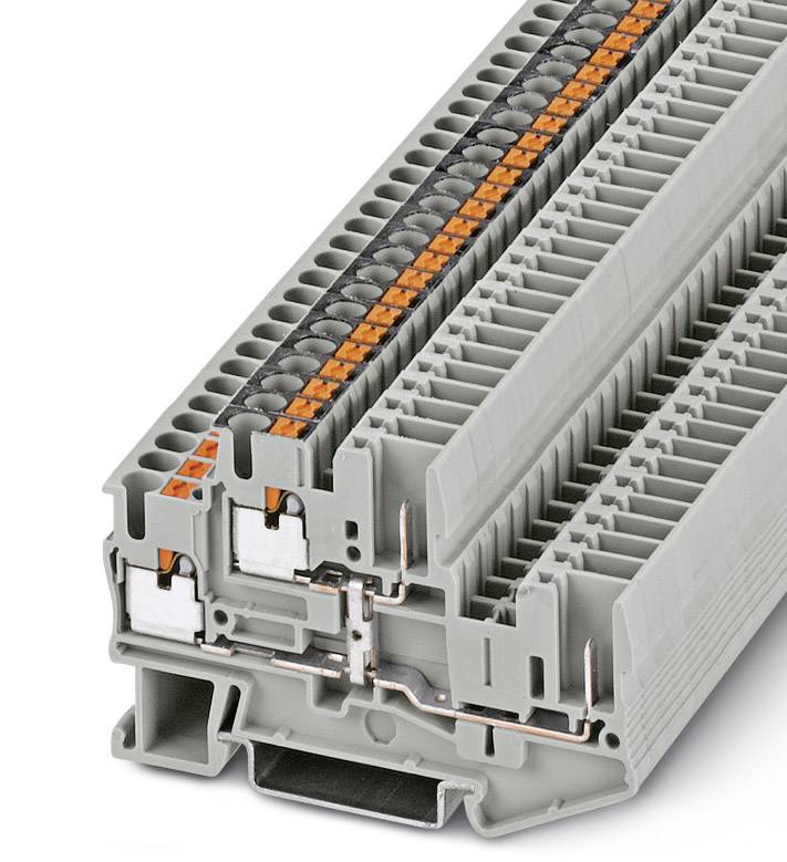 Terminal block with a grey housing and orange internal elements, used for electrical connections in control cabinets.