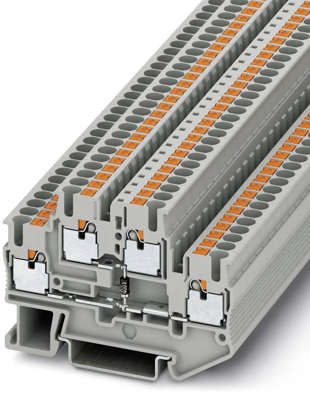 Terminal block in grey with orange clips. It shows four levels for electrical connections, which allows for stacking.