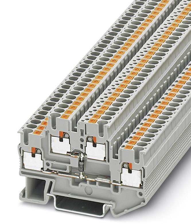 Grey terminal blocks with multiple connection points, colour-marked in orange, for use in electrical control cabinets.