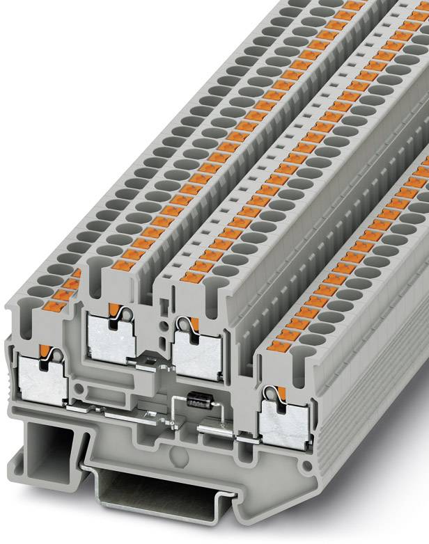 Terminal block with multiple levels and orange connections, for connecting electrical conductors, in a grey housing.