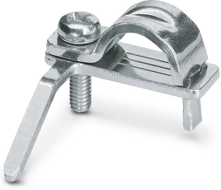 Metal cable clamp with screw and bracket, used for securing cables to a surface.