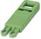 Green release lever for a Phoenix Contacts terminal block, used for safely removing conductors from the connections.