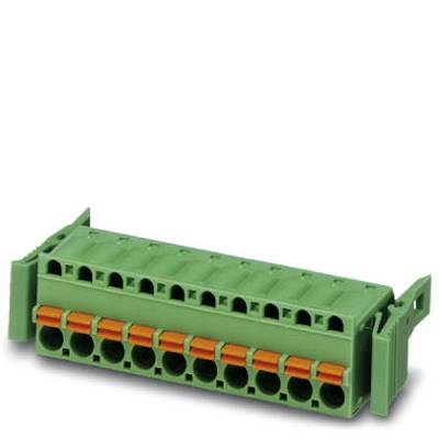 Green, rectangular electrical terminal block with multiple slots. Used for wiring and electrical connections.