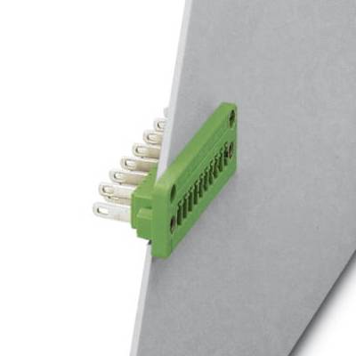Green insertion module, half inserted into a plate, with visible metal pins on the left side.