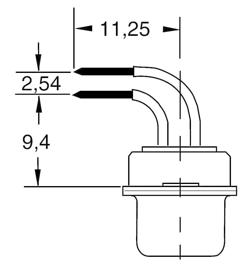 'Technical drawing of an electrical component with scale-accurate dimensions: 11.25 mm width, 2.54 mm spacing, 9.4 mm height.'