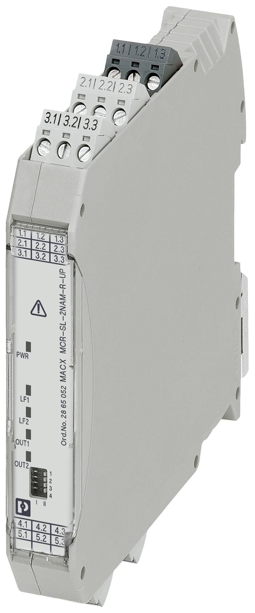 A grey electrical relay module with multiple terminal connections on top. Labels and symbols on the front for control purposes.