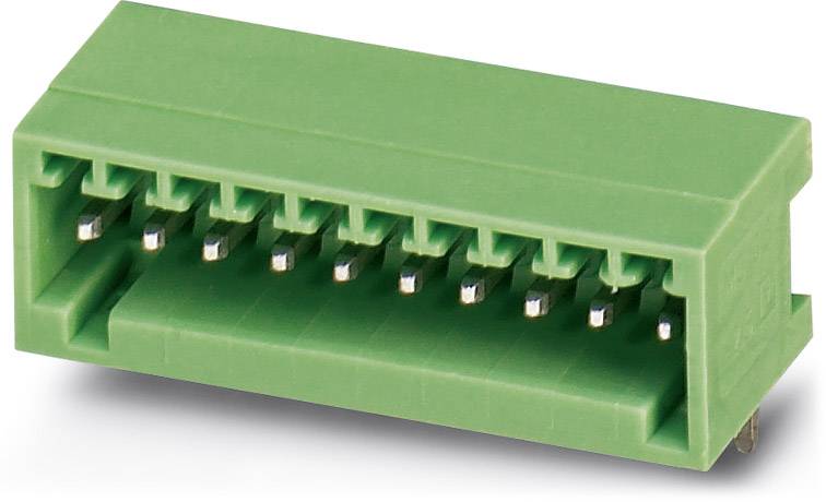 Green connector with 18 metal pins, likely suitable for electronic connections in devices or circuits.