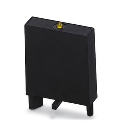 A black square electronic component with two metal pins and a yellow LED on top.