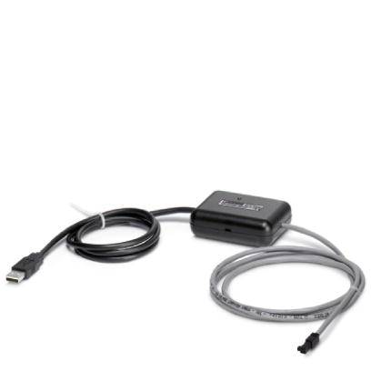 A black USB cable with a small black adapter and a grey cable connected to it.