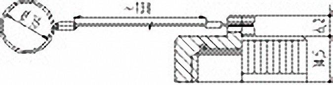 Technical drawing of a mechanical component with angles and dimensional specifications. Illustrates the connection between two primary components.