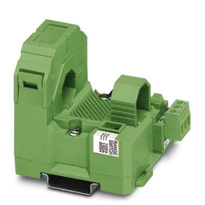 Green electrical connection terminal with multiple cable entries, DIN rail mounting on the underside, used for industrial installations.