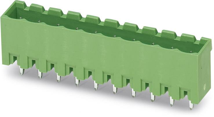 Green printed circuit board connector with 12 metal pins, suitable for electronic circuits and connections.