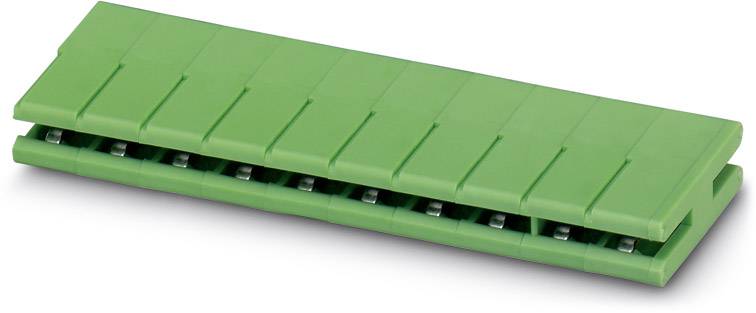 Green plastic connector block, rectangular in shape, horizontally oriented, with multiple metallic contact points on the underside.