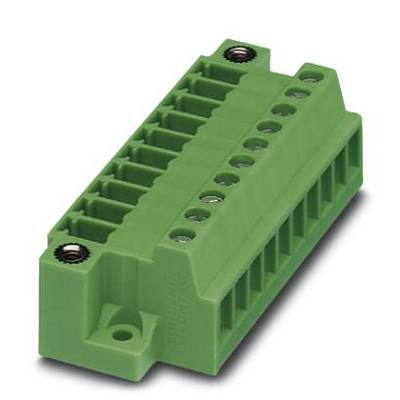 Green multi-pin connector with screw fixings, suitable for electrical connections in electronics.