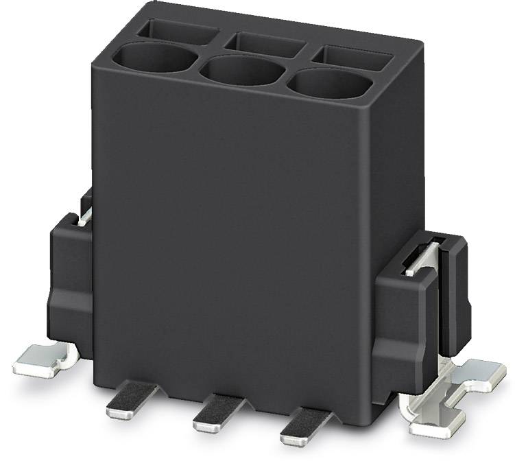 A black electric connector with six metallic contacts and three socket openings, standing in a vertical position.