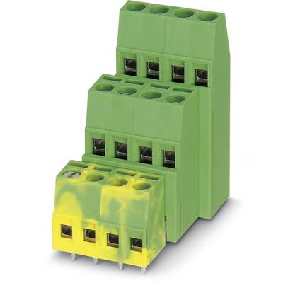 Green and yellow connector with five connection sockets, stackable and mounted on a DIN rail. Ideal for industrial applications.