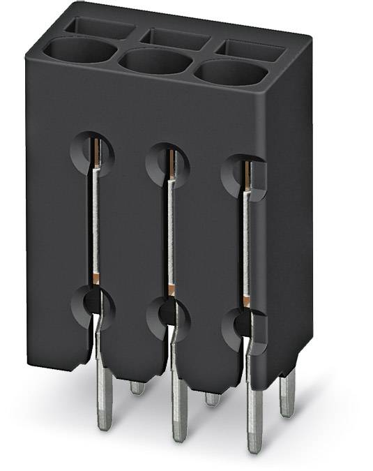 A black three-pin electrical connector with vertical metal terminals, commonly used for electronic circuits.