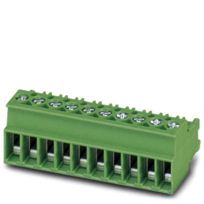 Green electrical terminal block with nine connection terminals, used for connecting wires, on a light background.
