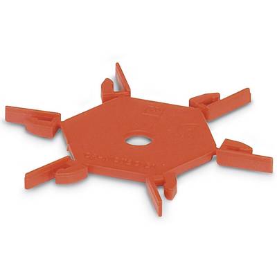 A red, hexagonal plastic component with six protruding tabs.
