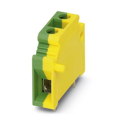 A yellow-green electrical connector with two connection points and mountable pins, used in electrical installations.