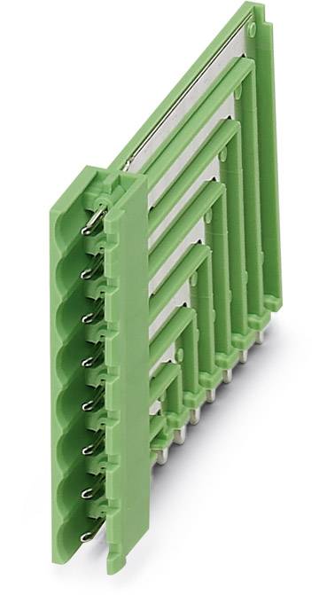 A green printed circuit board connector with multiple contact pins arranged in an angled plastic housing.