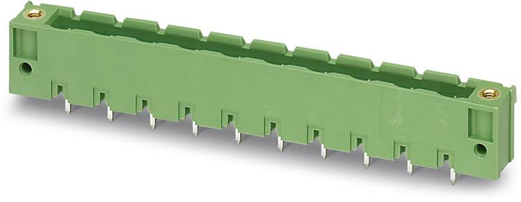 A green electrical connector housing with metal pins, shown horizontally. Suitable for electronic circuits.