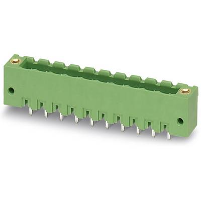 Green electronic multi-pin connector suitable for printed circuit board mounting. It has a rectangular shape with closed sides.