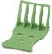 Green plastic filler with three round holes and four vertical lamellae. Used for distributing materials.