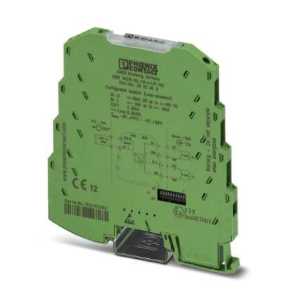 A green Phoenix Contact DIN rail-mounted modem, model PSI-MODEM-SHDSL/PB, for digital communication connectivity.