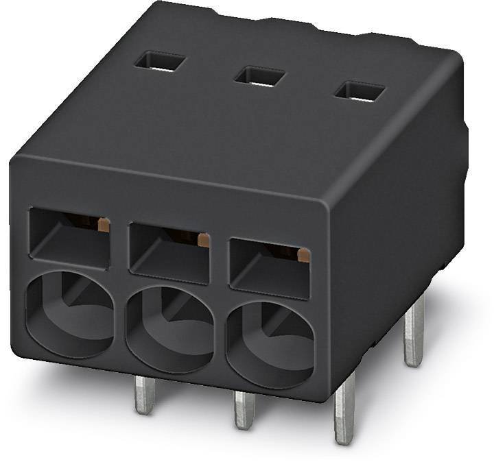 Black three-pin connector with metal pins underneath, suitable for electronic connections.