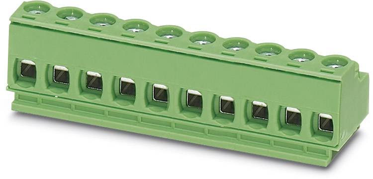 Green electrical terminal block with ten connections, suitable for fixed wiring in electrical and electronic installations.