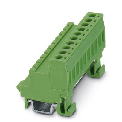A green terminal block connector with multiple connection terminals, mounted on a metal rail. Used for wiring in electrical control cabinets.