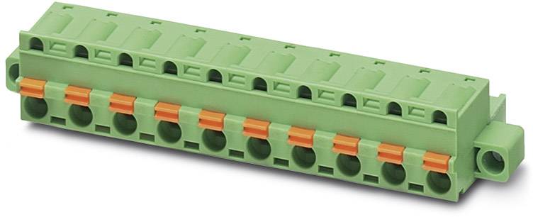 Green, rectangular electrical connector with orange push elements, shown in a side view.