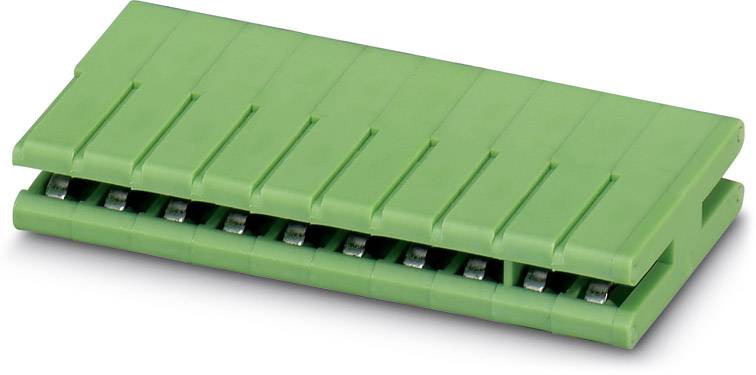Green, rectangular plastic connector with multiple slots for connecting electrical cables.
