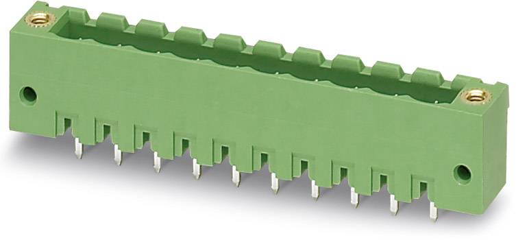 Green electrical connector with multiple pins, horizontally oriented.