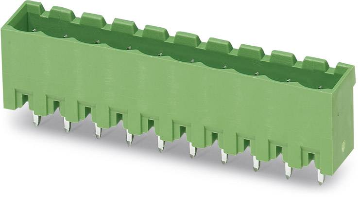 A green, rectangular plastic plug with multiple metallic pins on its underside.