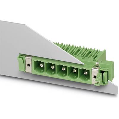 A green multi-pin connector mounted on a mounting plate, suitable for electronic connections in technical devices.